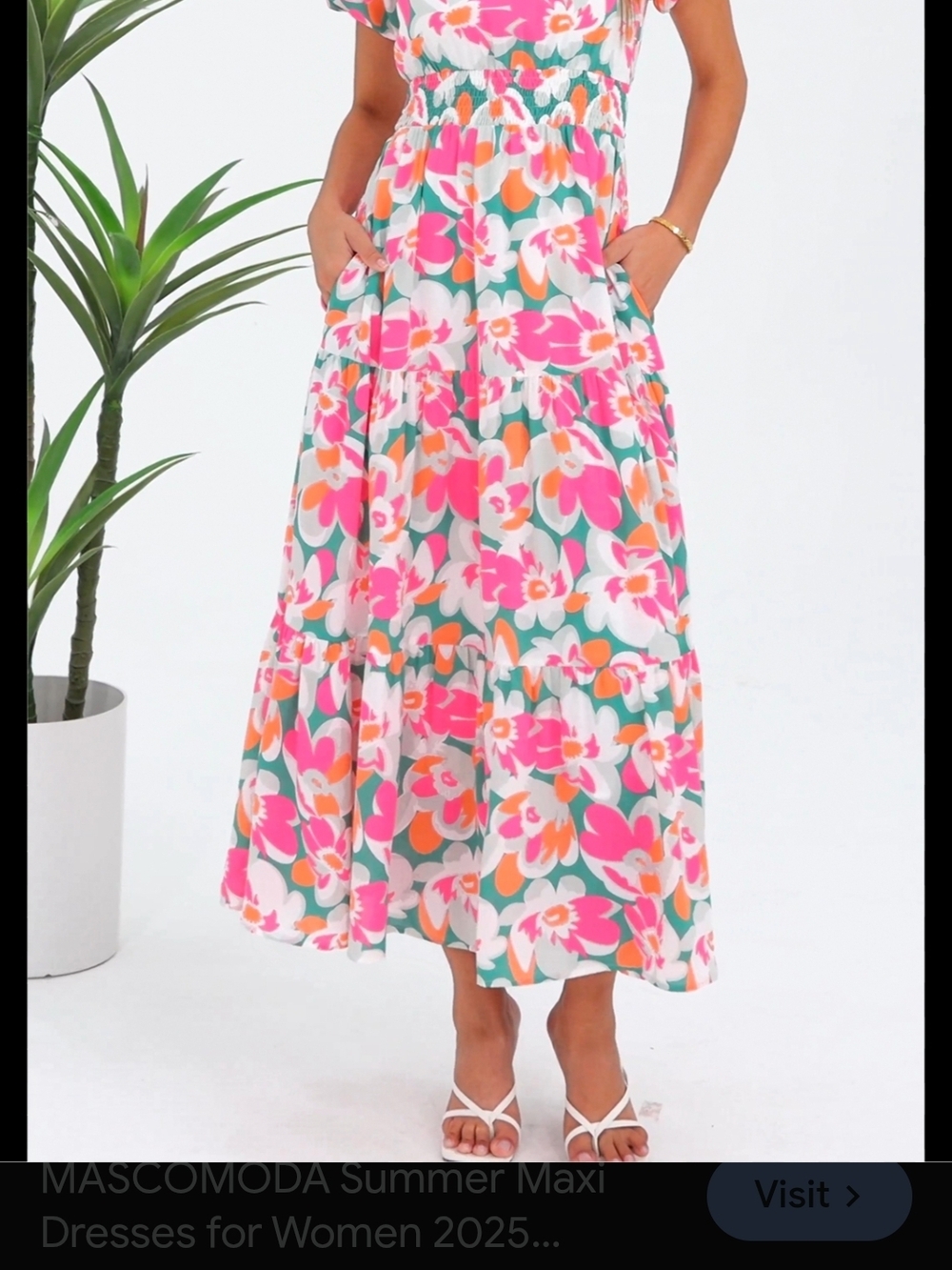 PrettyGarden Pink & Green Floral Maxi Dress with Elastic Waist Size Large{Bx10} - Picture 2 of 14